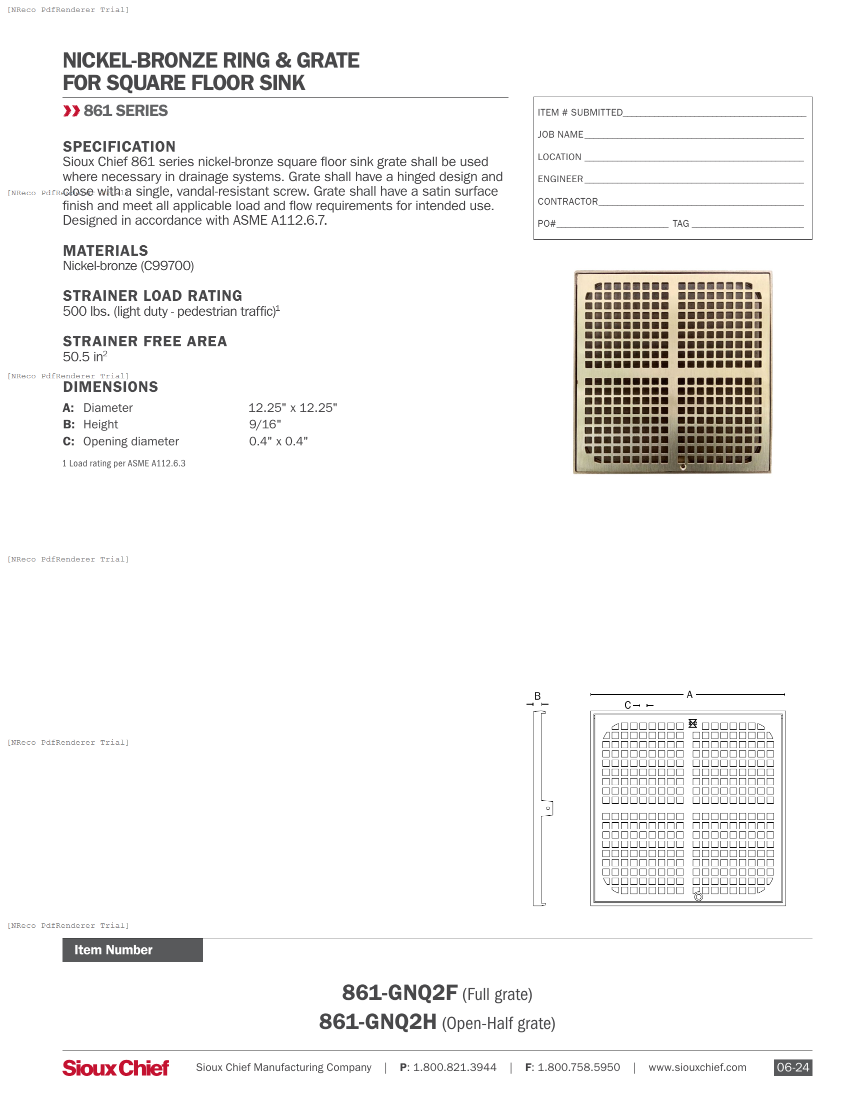 861-GNQ2 SERIES - NICKEL-BRONZE FLOOR SINK GRATE - SPEC SHEET.PDF Specification Document